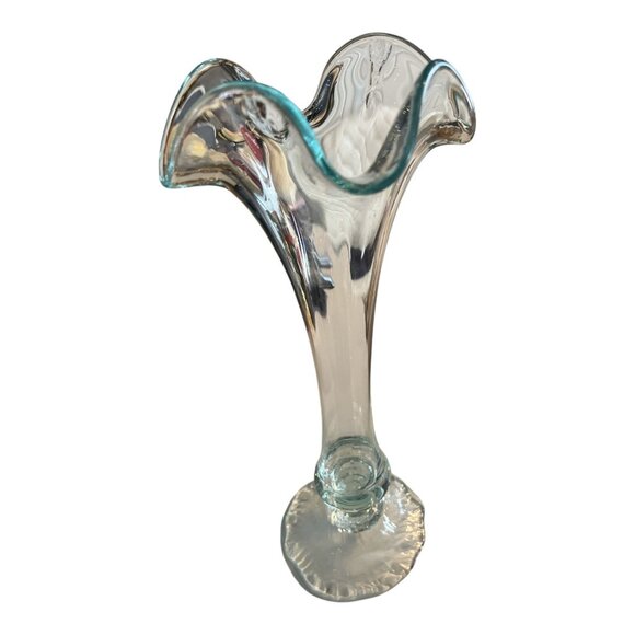 Vintage Faviluso Hand-Blown Art Glass Trumpet Vase – Green Edged Clear Glass – M - Picture 1 of 7